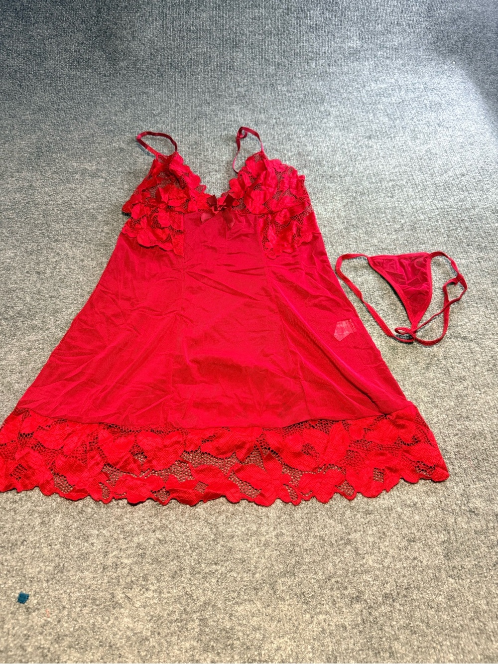Red Lace-Trim Satin Chemise with Matching Thong